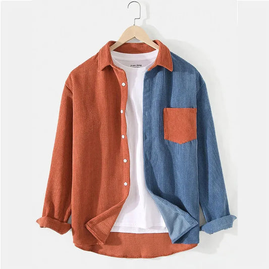 Corduroy Men Casual Shirt with Patchwork